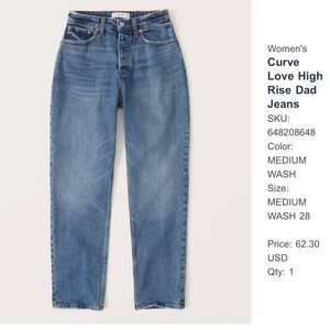 Abercrombie Curve Love High Rise Dad Jeans - Never worn